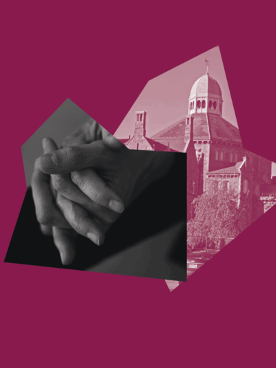 Maroon graphic of hands clasped together and the RI Adult Correctional Institutions building.