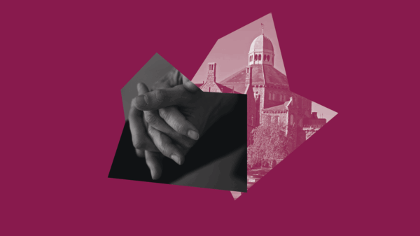 Maroon graphic of hands clasped together and the RI Adult Correctional Institutions building.