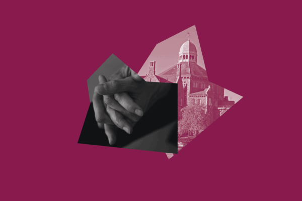 Maroon graphic of hands clasped together and the RI Adult Correctional Institutions building.