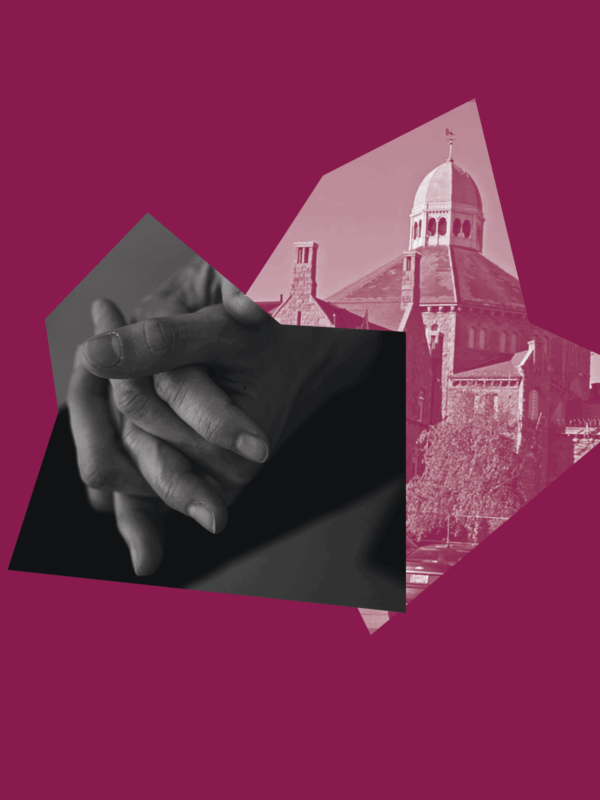 Maroon graphic of hands clasped together and the RI Adult Correctional Institutions building.