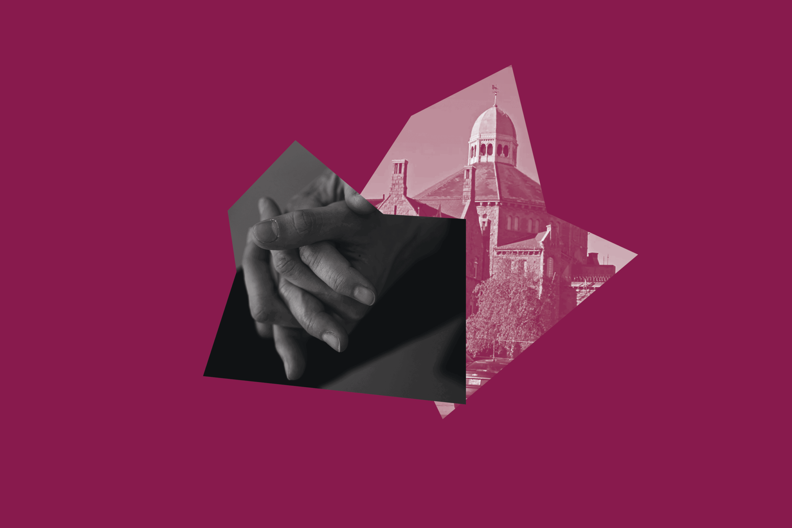 Maroon graphic of hands clasped together and the RI Adult Correctional Institutions building.