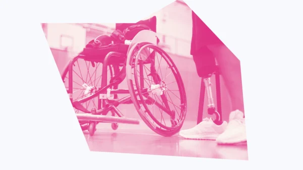 White and pink graphic of a wheelchair and a person's prosthetic leg.