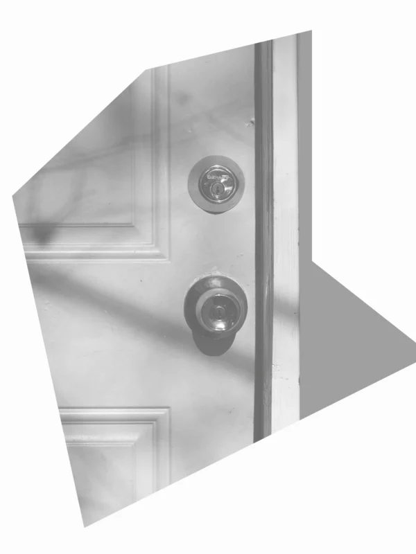 Grey and white graphic of a front door.