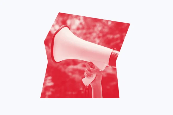 Red and white graphic of a megaphone