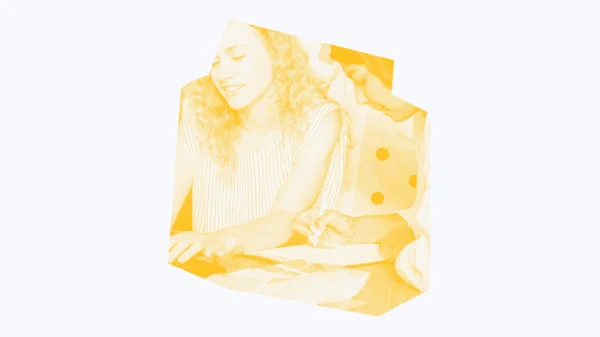 White and yellow graphic of two women working together.