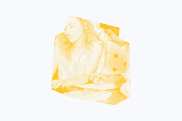 White and yellow graphic of two women working together.
