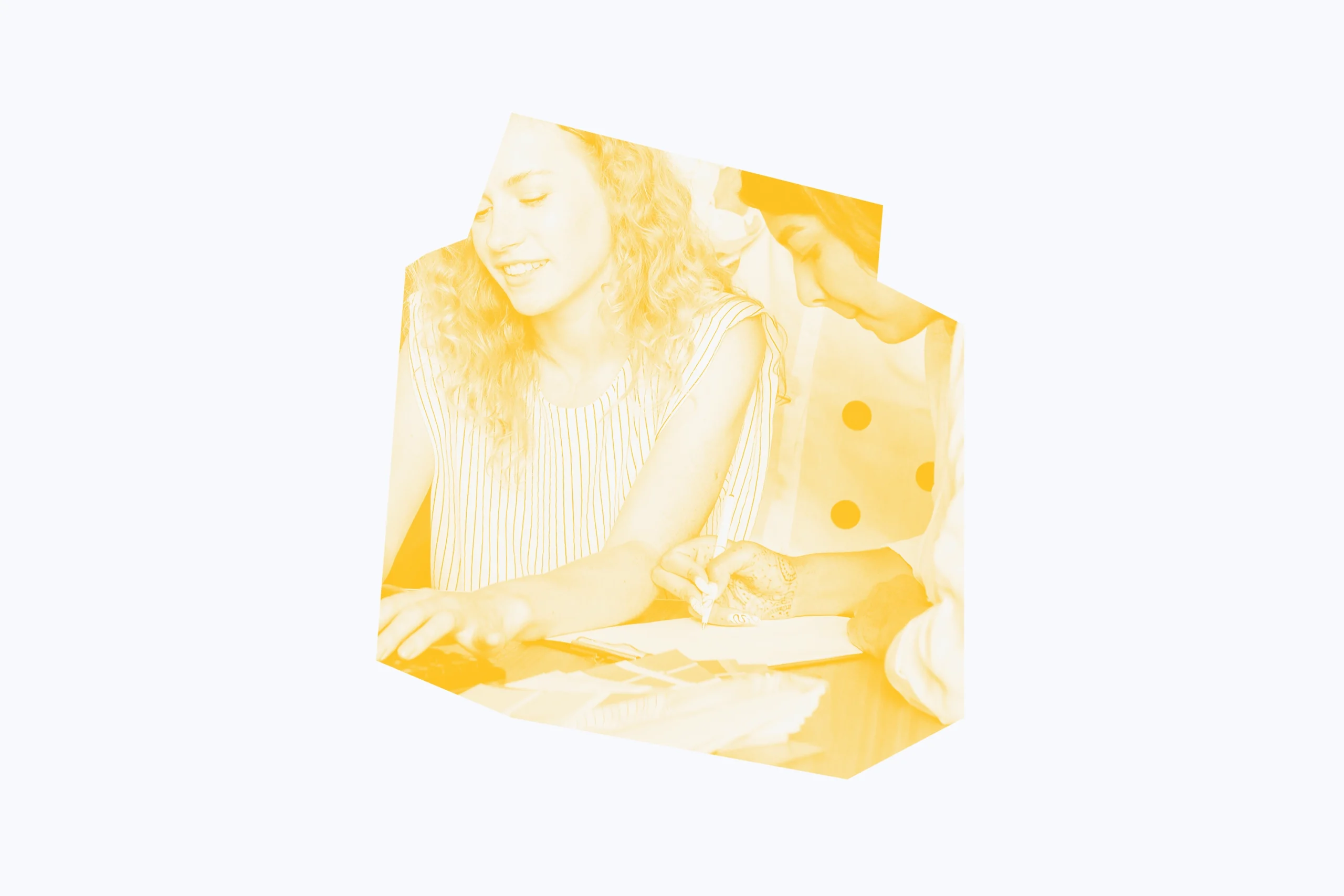 White and yellow graphic of two women working together.