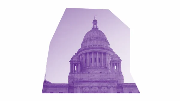 White and purple image of the RI State House.