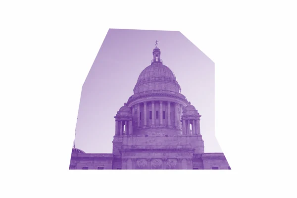 White and purple image of the RI State House.