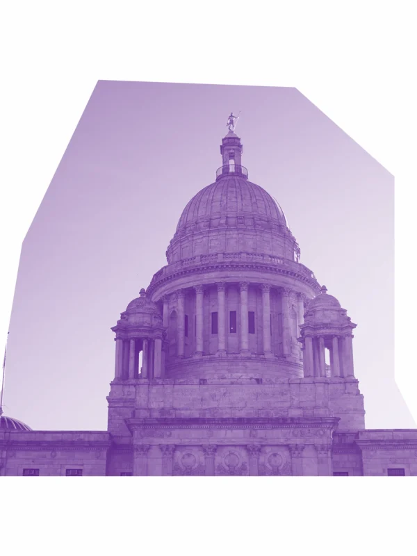 White and purple image of the RI State House.