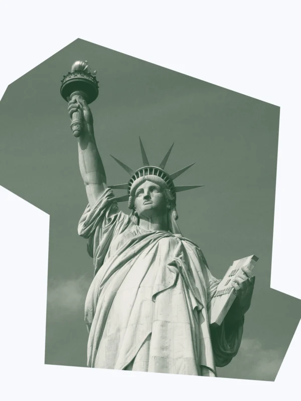 Green and white graphic of the statue of liberty