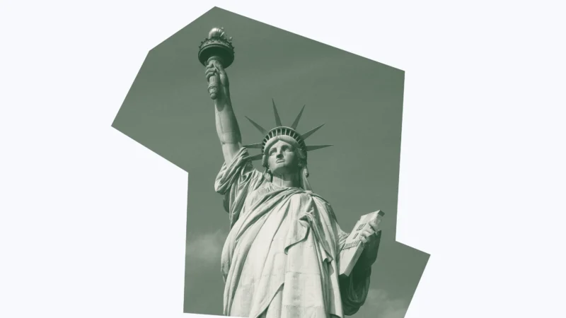 Green and white graphic of the statue of liberty