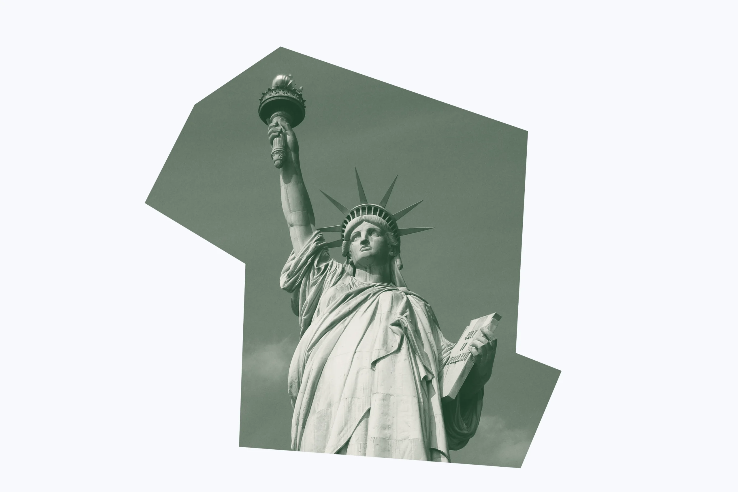 Green and white graphic of the statue of liberty