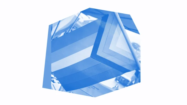 Blue and white graphic of a LGBTQ+ rights flag.