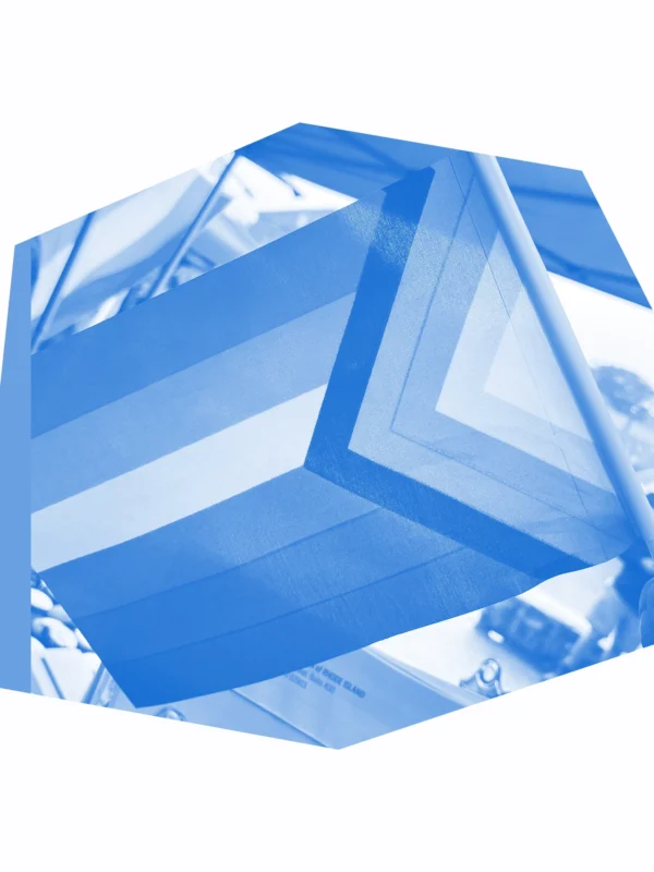 Blue and white graphic of a LGBTQ+ rights flag.
