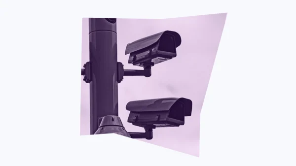 Light and dark purple graphic of surveillance cameras.