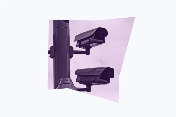 Light and dark purple graphic of surveillance cameras.