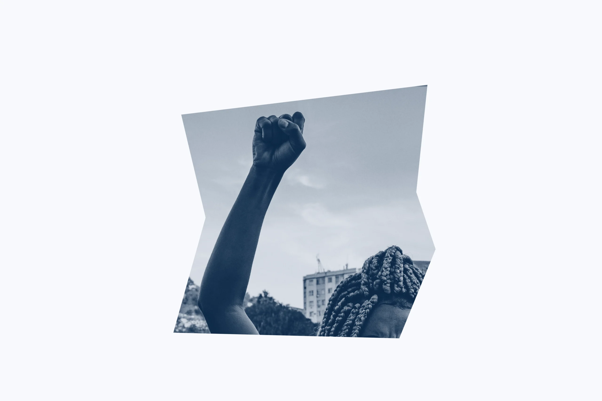 Dark blue and white graphic of a person with their fist raised.