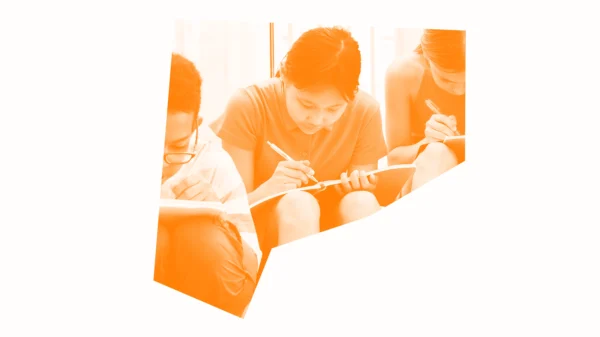 white and orange graphic of young students writing in notebooks.