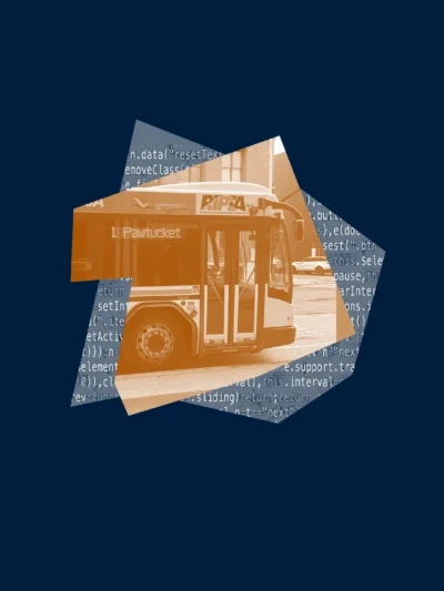 Dark blue and orange graphic of a Rhode Island Public Transit Authority (RIPTA) bus with computer code behind it.
