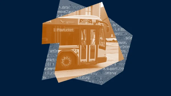 Dark blue and orange graphic of a Rhode Island Public Transit Authority (RIPTA) bus with computer code behind it.