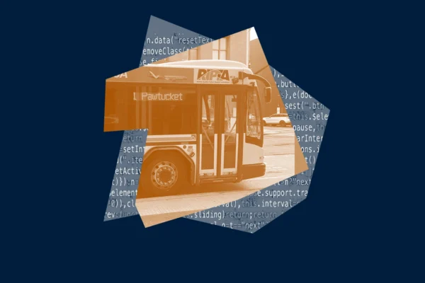 Dark blue and orange graphic of a Rhode Island Public Transit Authority (RIPTA) bus with computer code behind it.