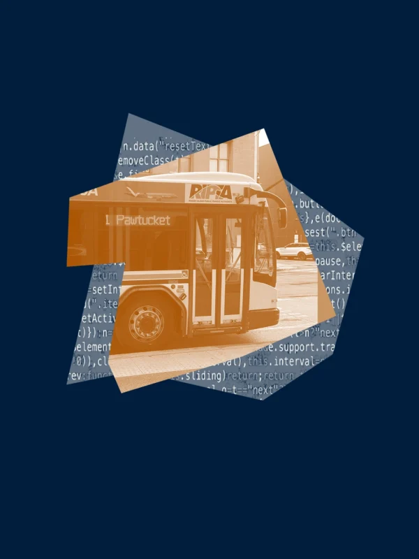 Dark blue and orange graphic of a Rhode Island Public Transit Authority (RIPTA) bus with computer code behind it.