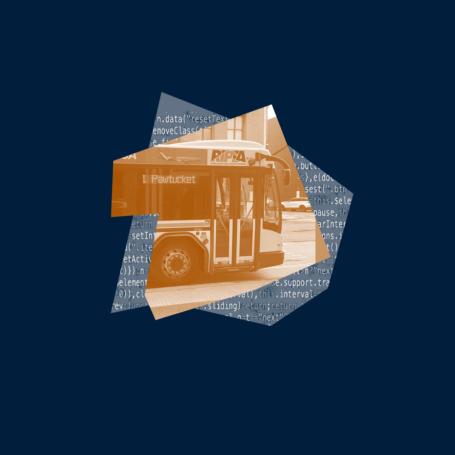 Dark blue and orange graphic of a Rhode Island Public Transit Authority (RIPTA) bus with computer code behind it.