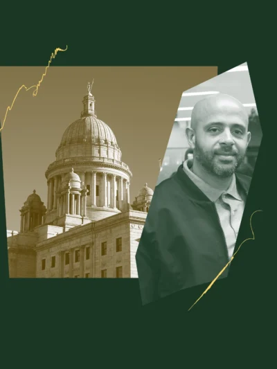 Green and yellow graphic of Mario Monteiro and the RI State House.