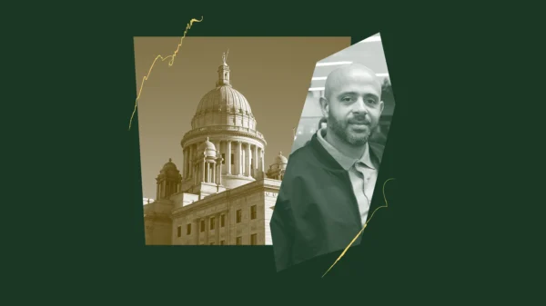 Green and yellow graphic of Mario Monteiro and the RI State House.