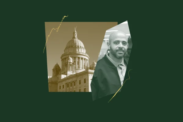 Green and yellow graphic of Mario Monteiro and the RI State House.