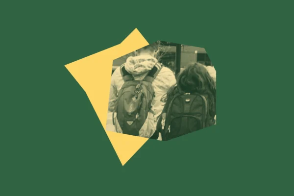 Dark green and light yellow graphic including photo of the backs of two high school students wearing backpacks.