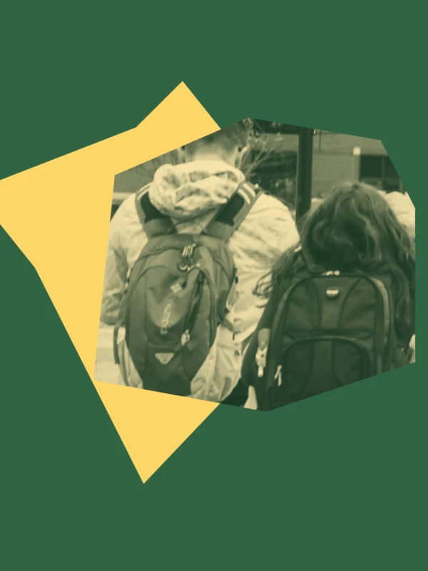 Dark green and light yellow graphic including photo of the backs of two high school students wearing backpacks.