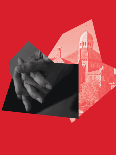 Red graphic of hands clasped together and the RI Adult Correctional Institutions building.