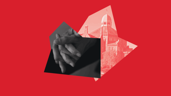 Red graphic of hands clasped together and the RI Adult Correctional Institutions building.