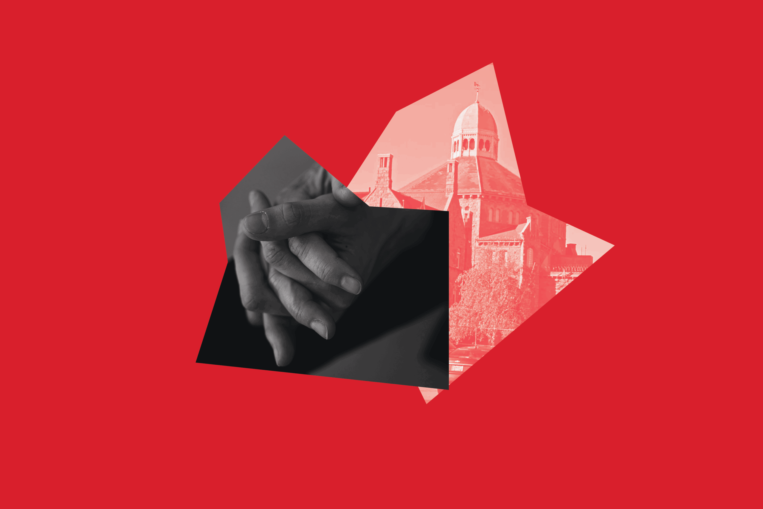 Red graphic of hands clasped together and the RI Adult Correctional Institutions building.