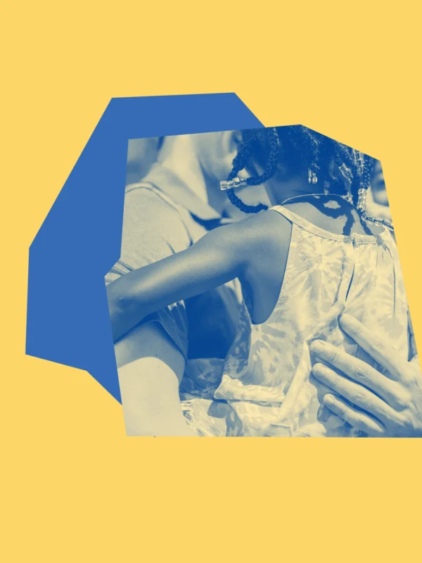 Yellow and blue graphic with an adult holding a young child.