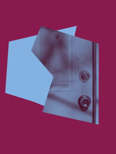 Dark pink background with two shapes, a light blue accent and a blue and dark red image of a door and handle.
