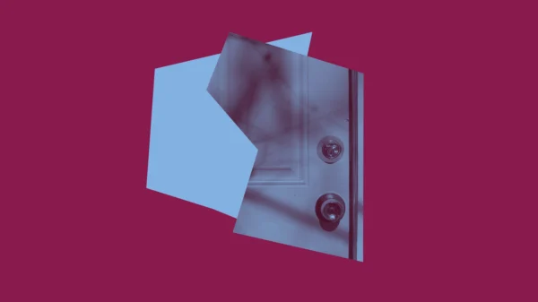 Dark pink background with two shapes, a light blue accent and a blue and dark red image of a door and handle.