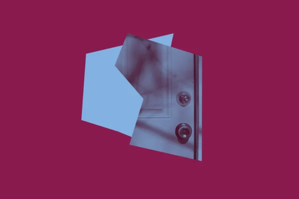 Dark pink background with two shapes, a light blue accent and a blue and dark red image of a door and handle.