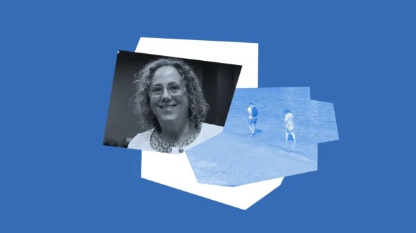 Light blue graphic with headshot of Caroline Contrata and photo of the beach.