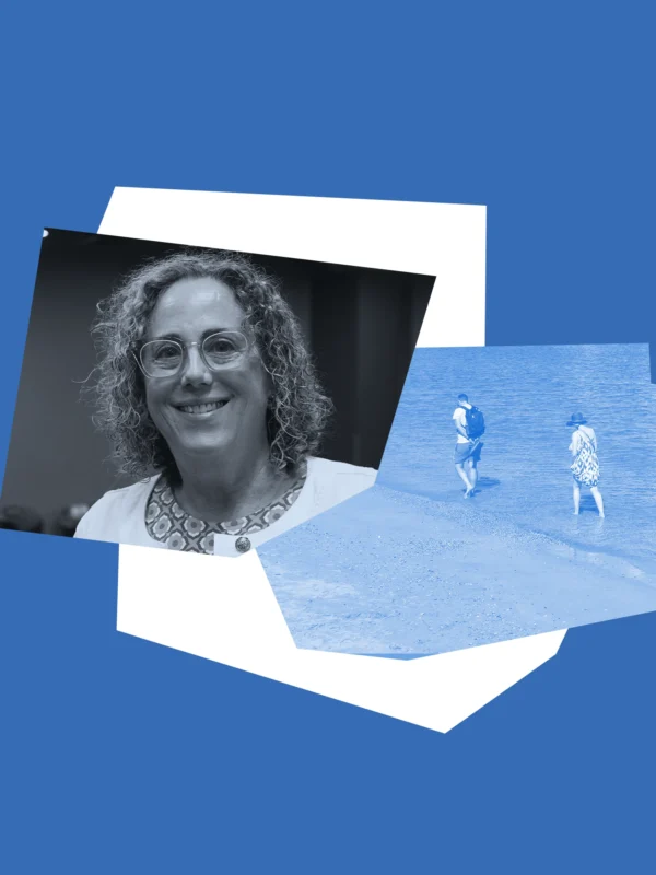 Light blue graphic with headshot of Caroline Contrata and photo of the beach.