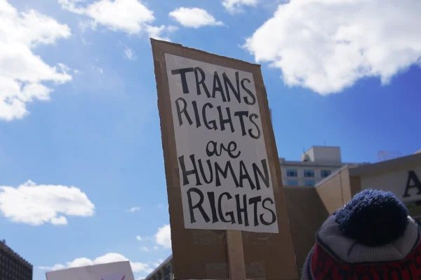 Protest sign against a blue sky with clouds that says "trans rights are human rights."