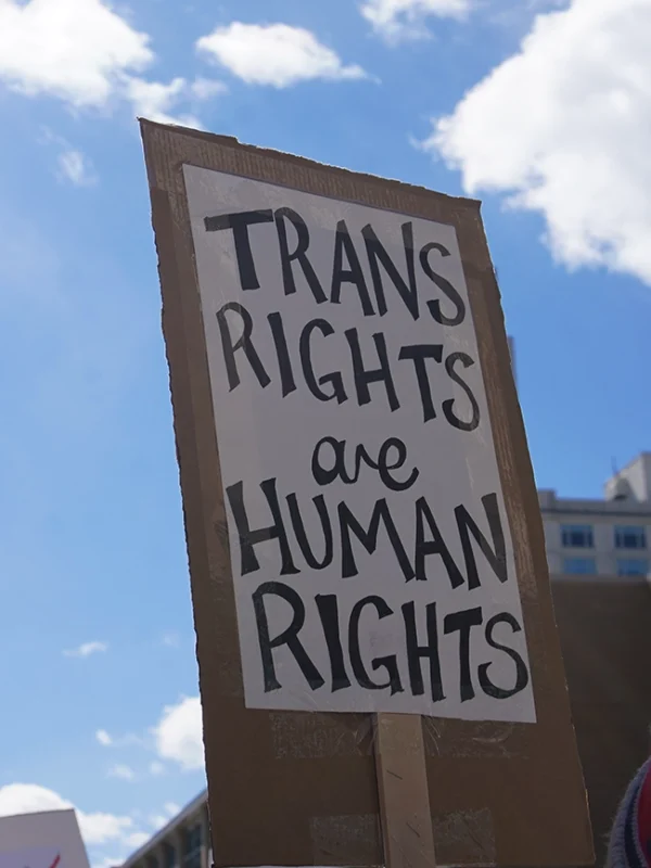 Protest sign against a blue sky with clouds that says "trans rights are human rights."