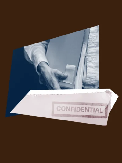 Dark brown, red, and blue graphic of a man holding a binder of papers and an envelope with "confidential" stamped across it that has been opened.