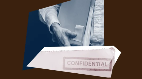 Dark brown, red, and blue graphic of a man holding a binder of papers and an envelope with "confidential" stamped across it that has been opened.