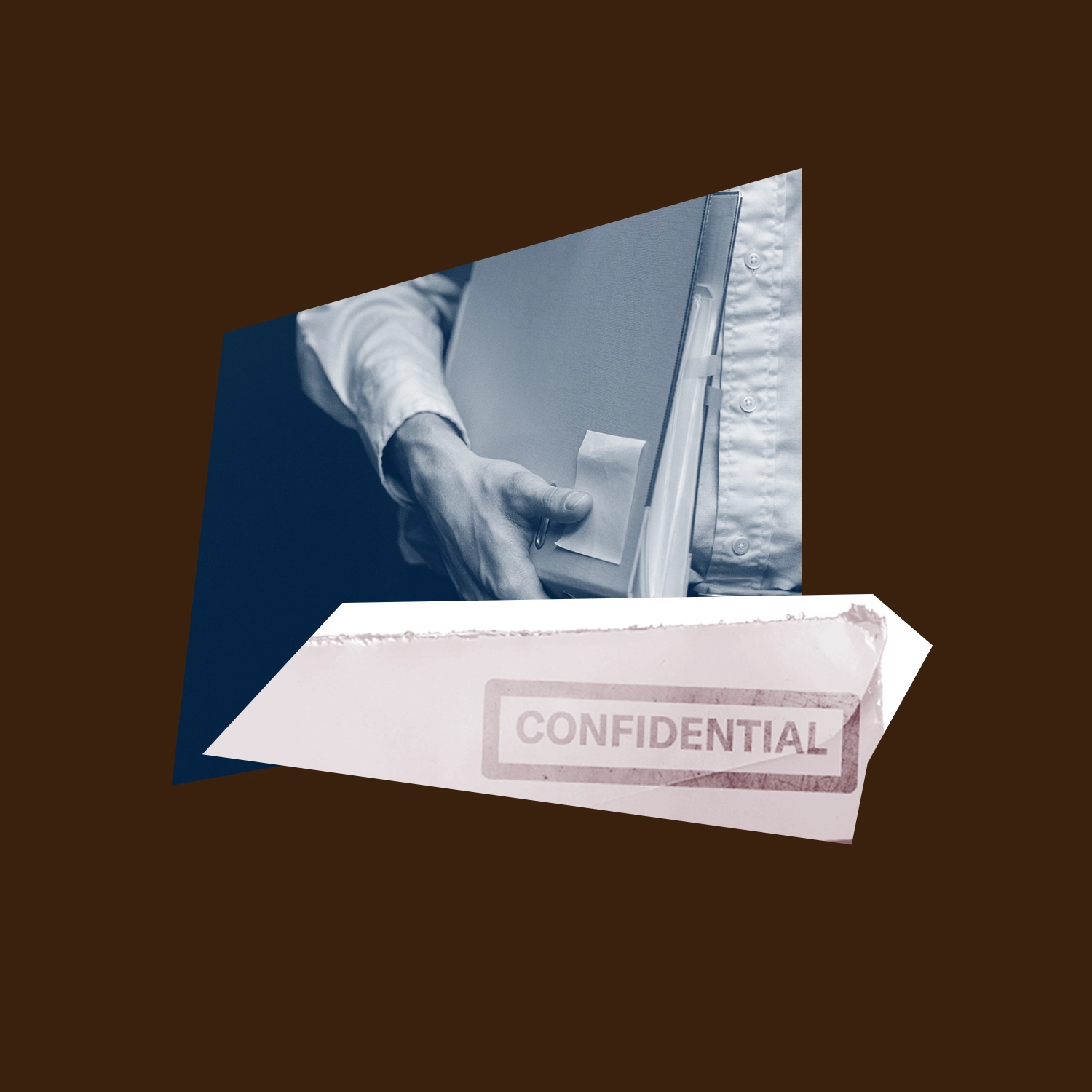 Dark brown, red, and blue graphic of a man holding a binder of papers and an envelope with "confidential" stamped across it that has been opened.