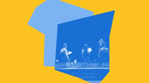 Yellow and blue graphic with an image of actors rehearsing on a stage.