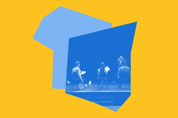 Yellow and blue graphic with an image of actors rehearsing on a stage.