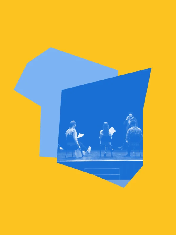 Yellow and blue graphic with an image of actors rehearsing on a stage.